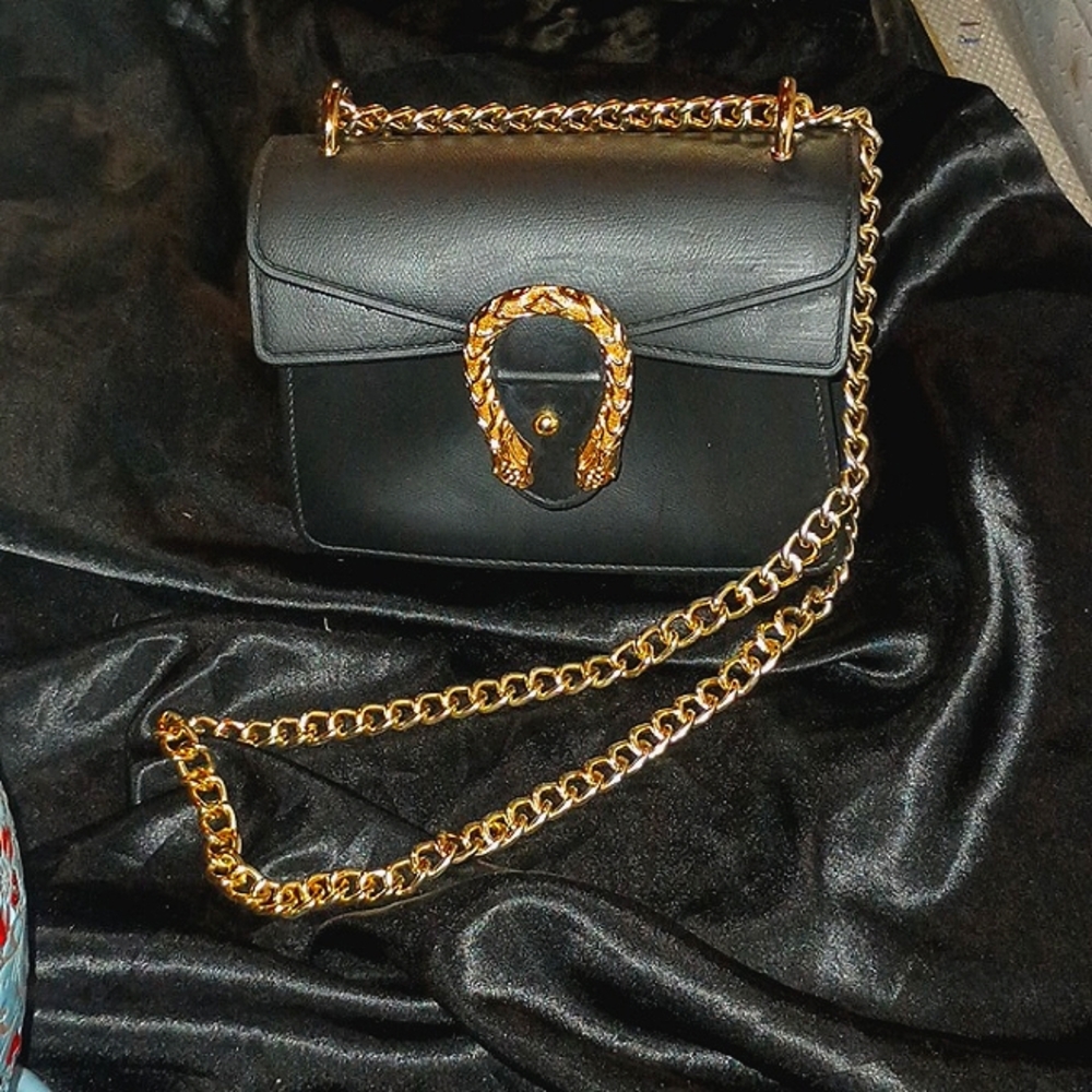 Women's (Size S/M) fancy black hand bag with Gold Chain Strap (adjustable)